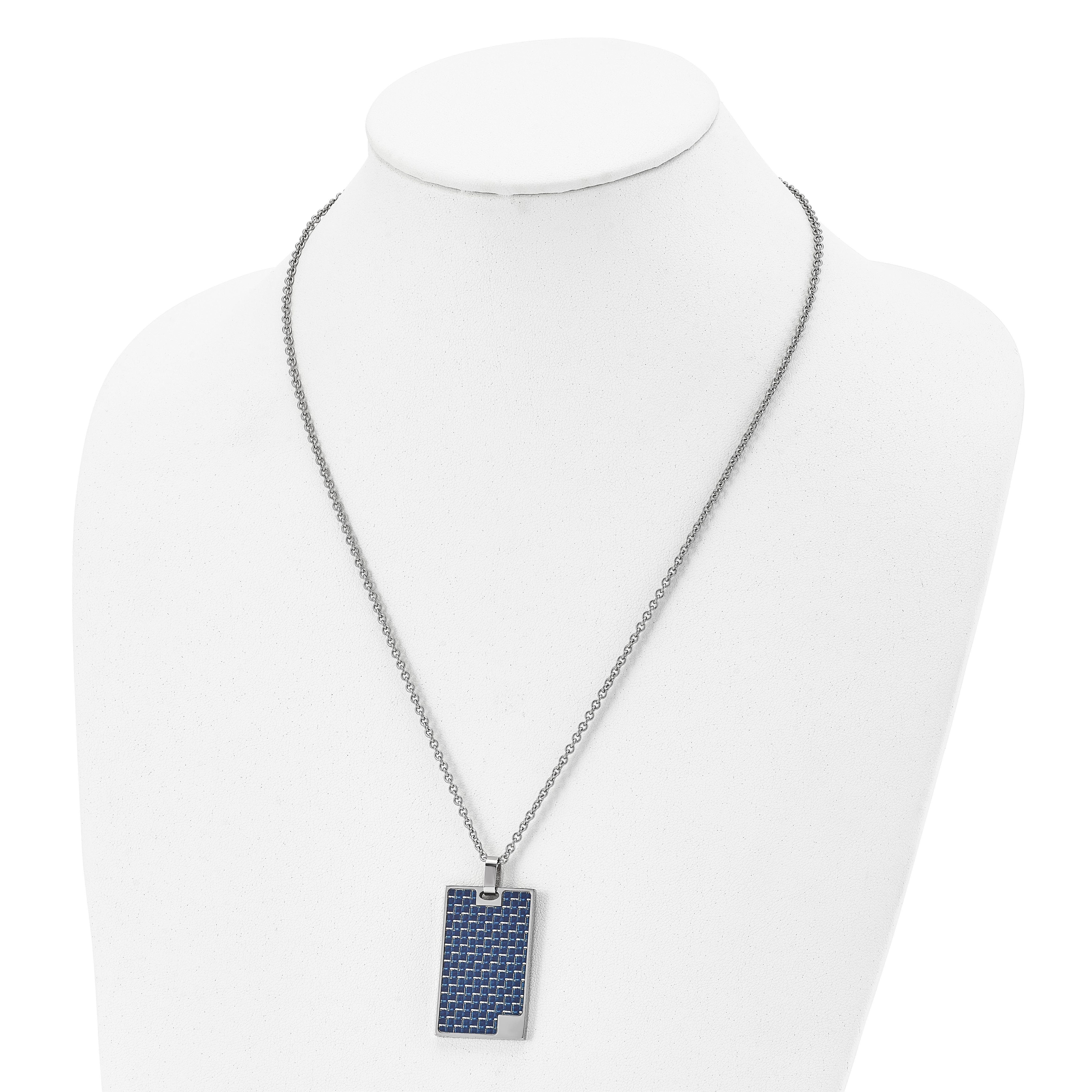 Chisel Stainless Steel Polished with Blue Carbon Fiber Inlay Rectangle Dog Tag on a 22 inch Cable Chain Necklace