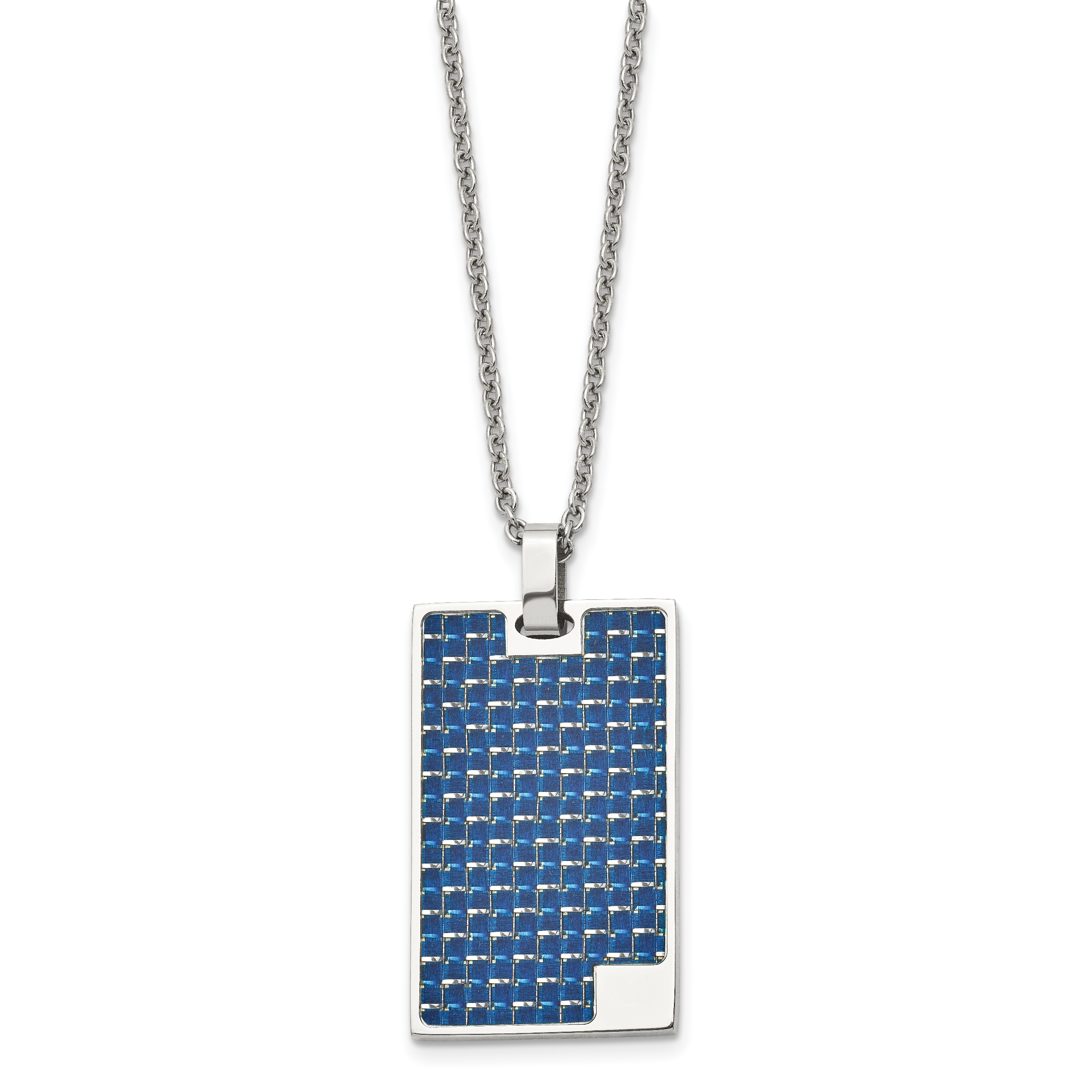 Chisel Stainless Steel Polished with Blue Carbon Fiber Inlay Rectangle Dog Tag on a 22 inch Cable Chain Necklace Main image