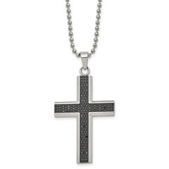 Chisel Stainless Steel Polished with Black Rhodium 1/2 carat Black Diamond Cross Pendant on a 24 inch Ball Chain Necklace