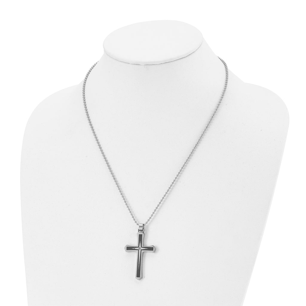 Chisel Stainless Steel Brushed and Polished Black IP-plated with CZ Cross Pendant on a 20 inch Ball Chain Necklace