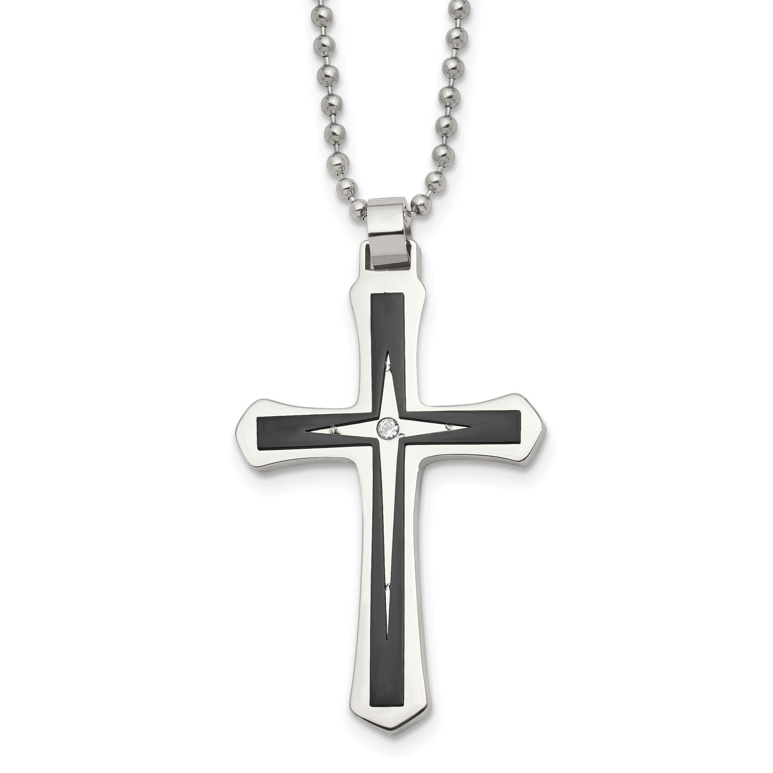 Chisel Stainless Steel Brushed and Polished Black IP-plated with CZ Cross Pendant on a 20 inch Ball Chain Necklace Main image