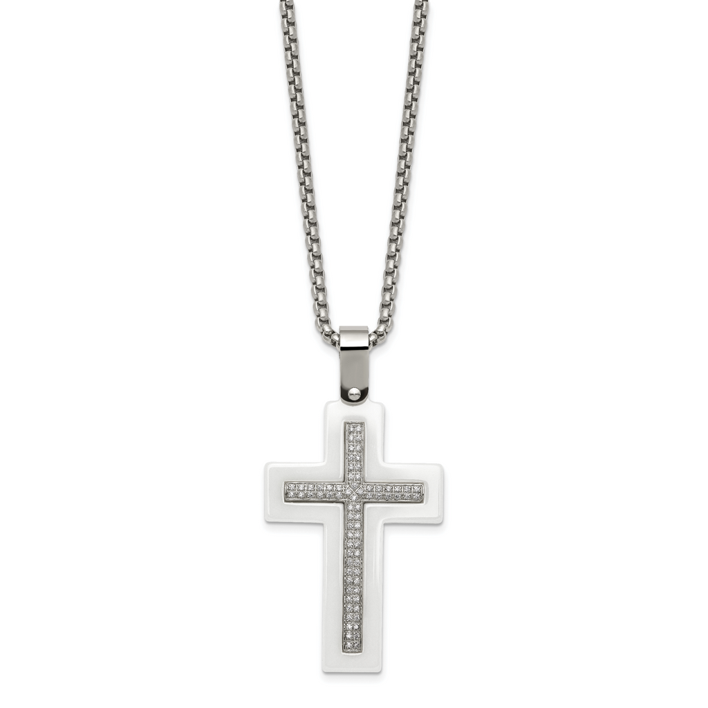White Ceramic Cross Necklace in Stainless Steel with CZ