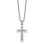White Ceramic Cross Necklace in Stainless Steel with CZ