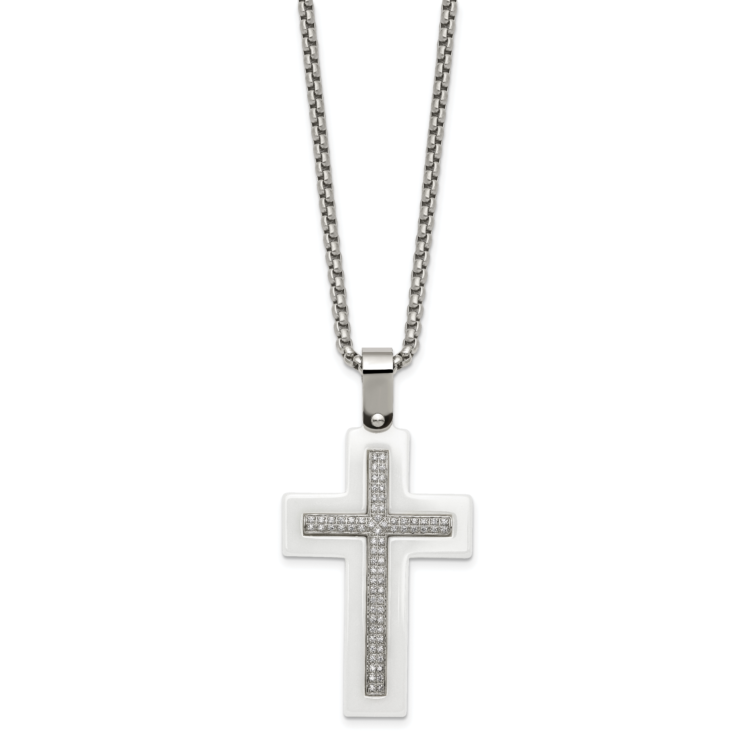 White Ceramic Cross Necklace in Stainless Steel with CZ