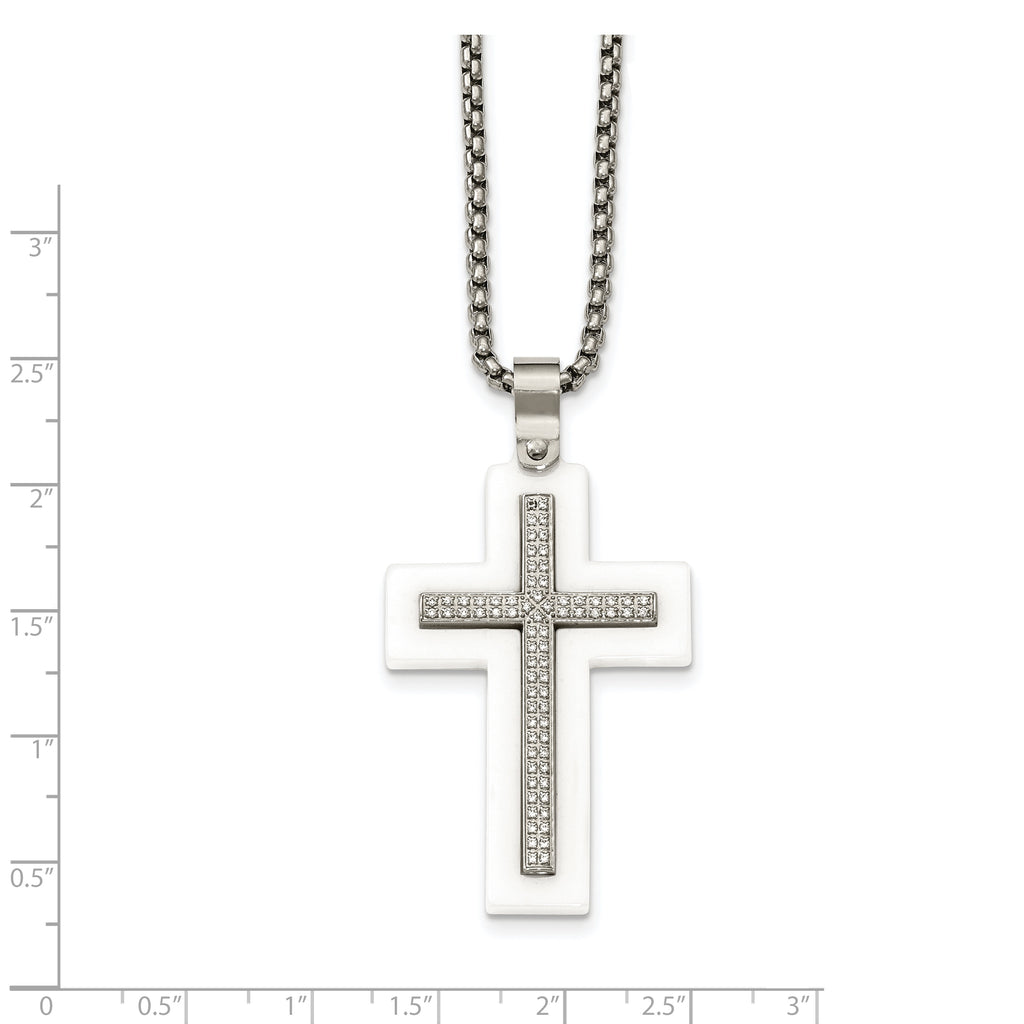 White Ceramic Cross Necklace in Stainless Steel with CZ