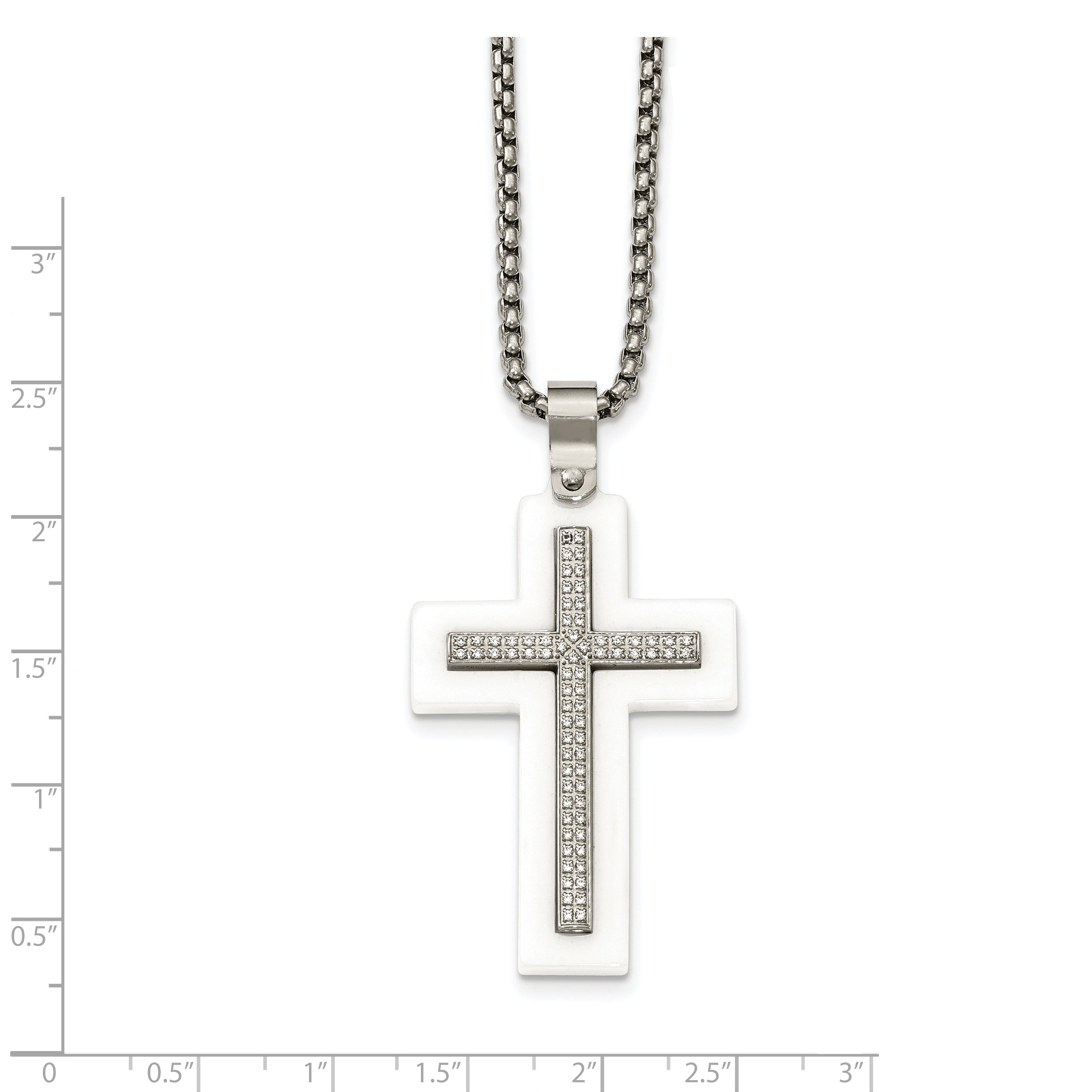 White Ceramic Cross Necklace in Stainless Steel with CZ
