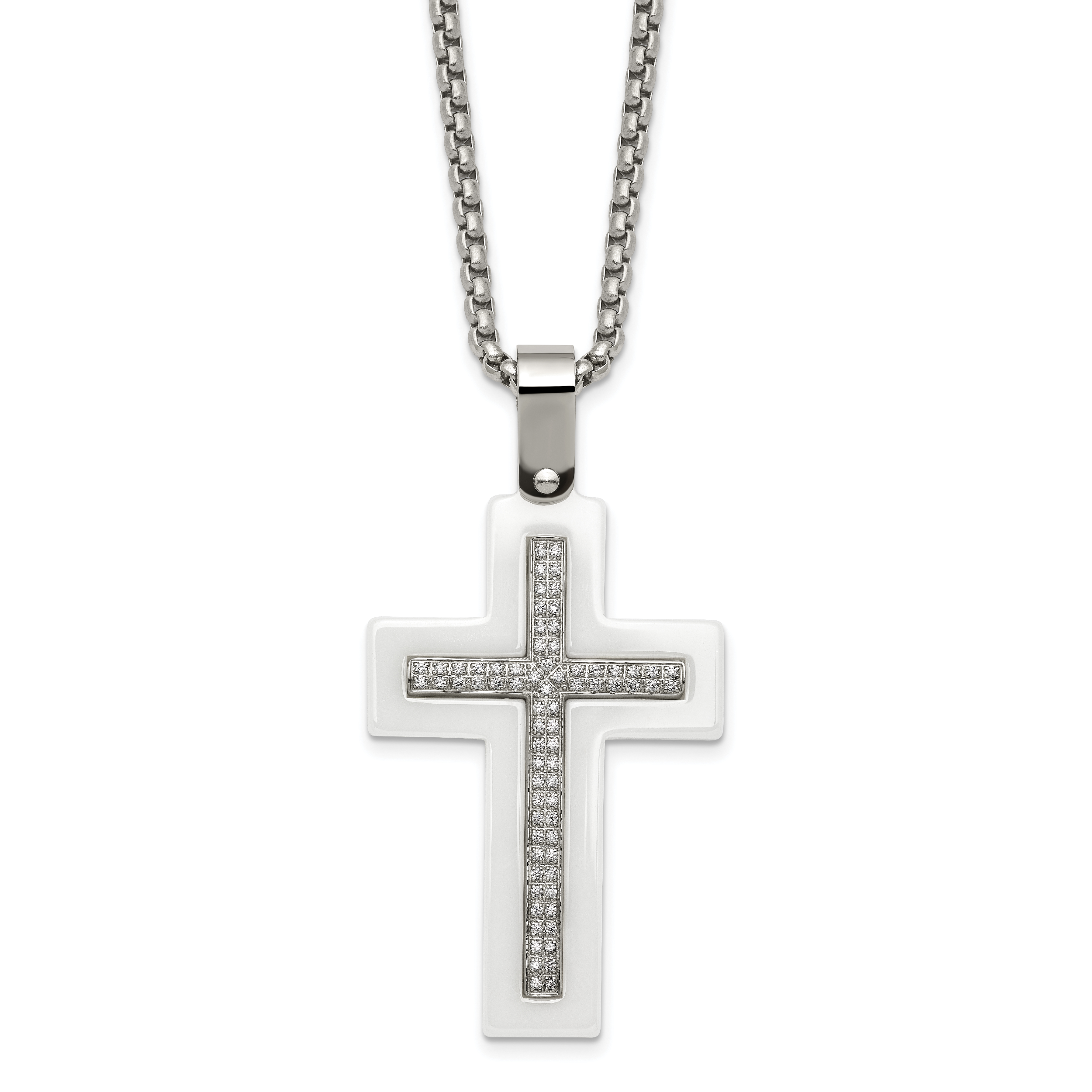Stainless Steel Polished White Ceramic w/CZ Cross 23.75in Necklace Main image