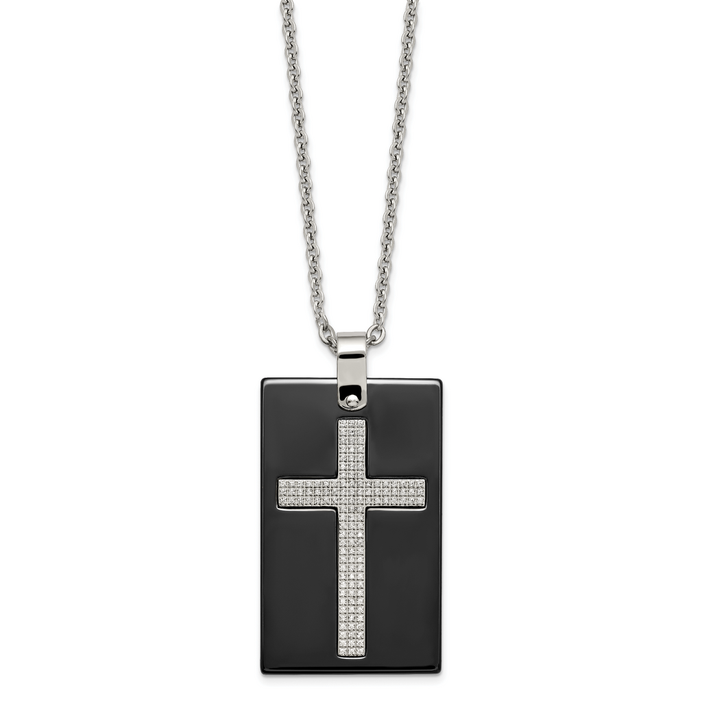 Black Ceramic Cross Dog Tag Necklace in Stainless Steel with CZ