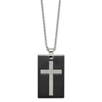 Black Ceramic Cross Dog Tag Necklace in Stainless Steel with CZ