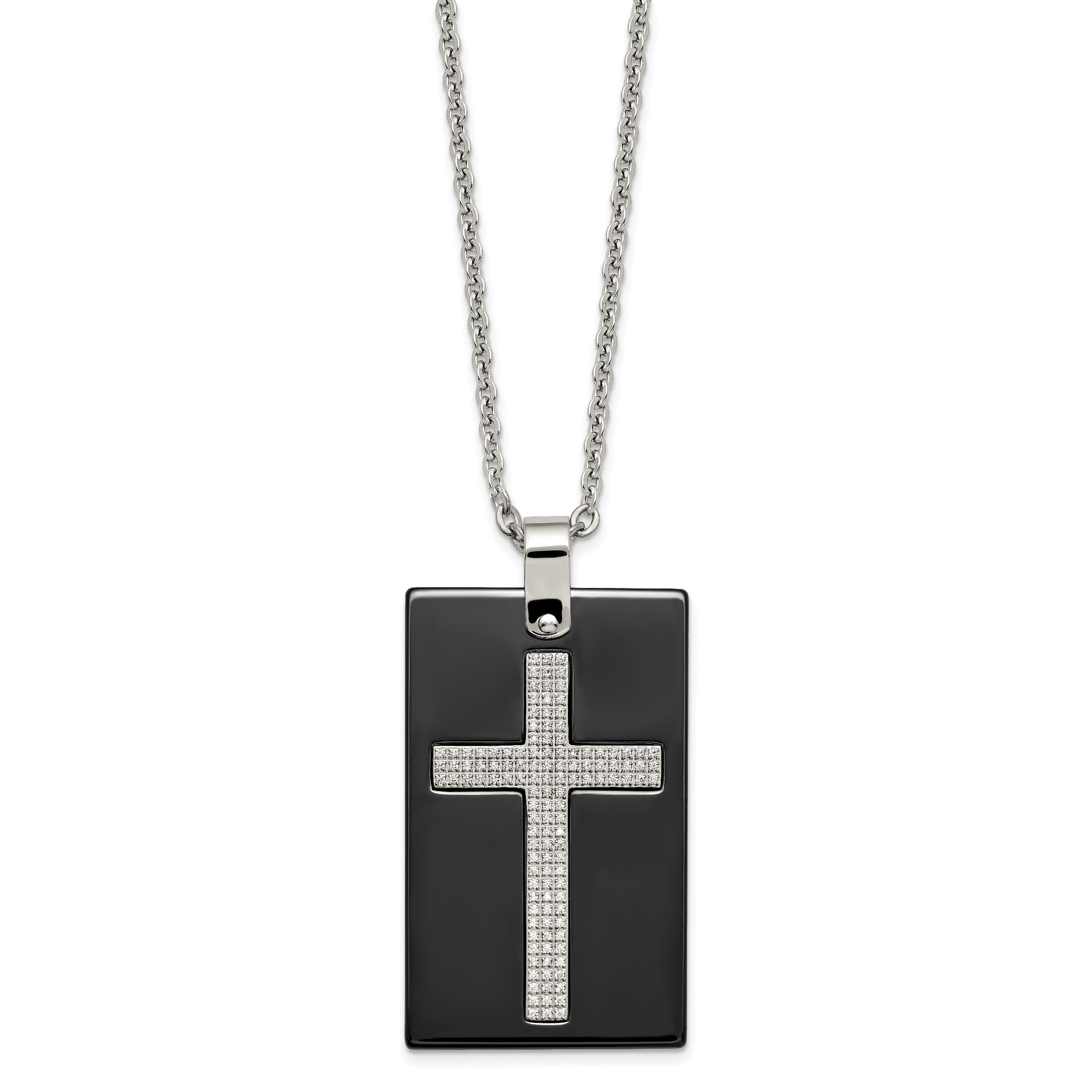 Black Ceramic Cross Dog Tag Necklace in Stainless Steel with CZ