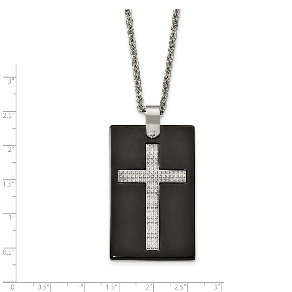Black Ceramic Cross Dog Tag Necklace in Stainless Steel with CZ