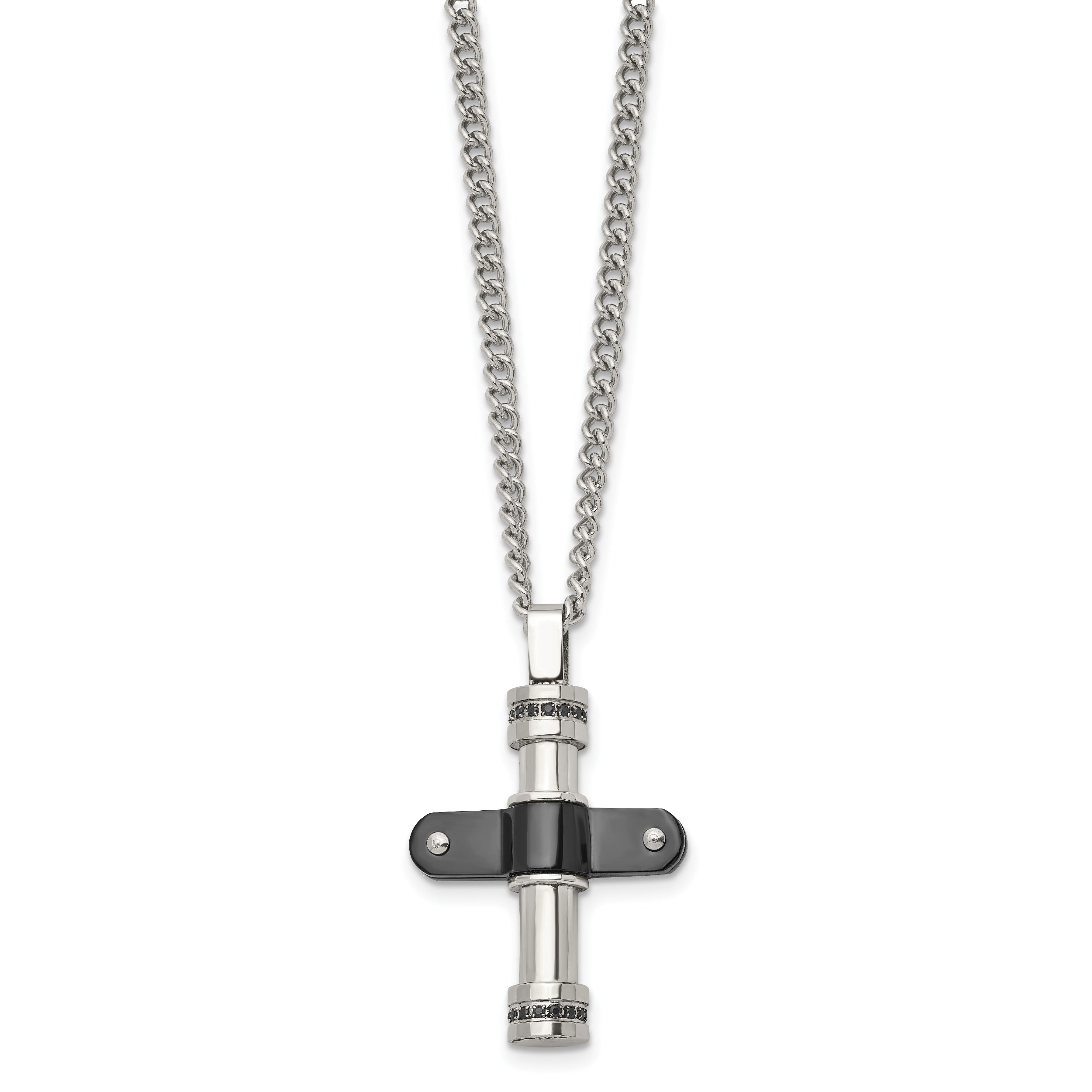 Stainless Steel Polished Black IP-plated w/Black CZ Cross 22in Necklace