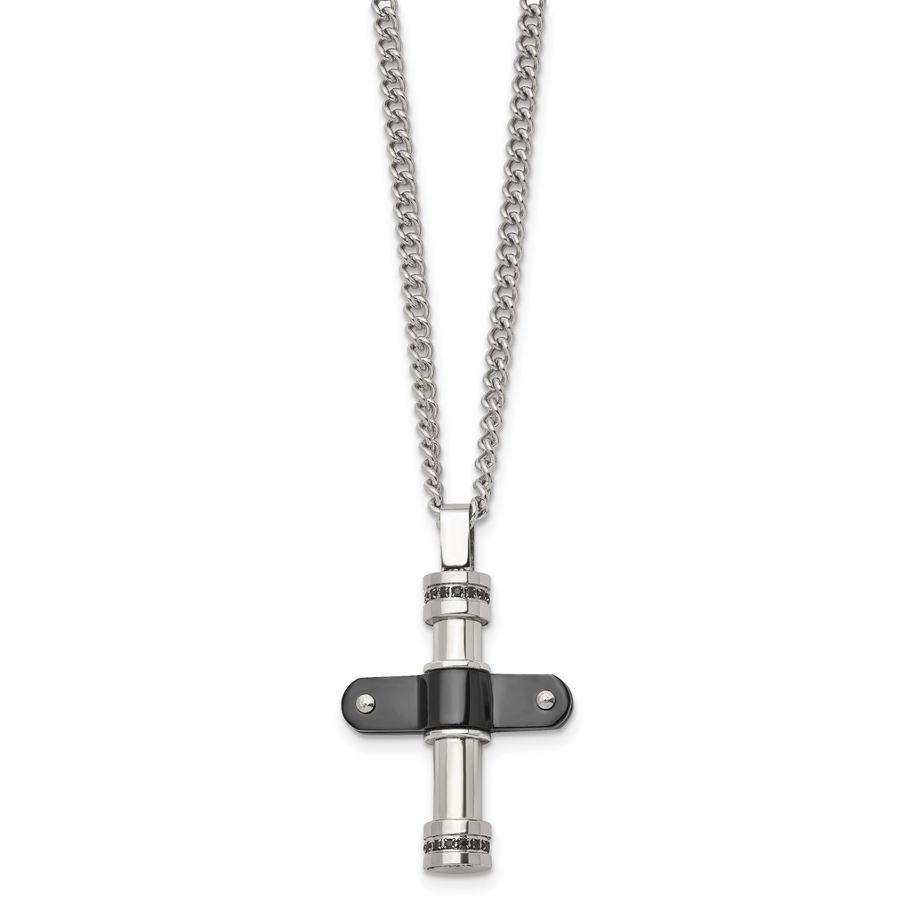 Stainless Steel Polished Black IP-plated w/Black CZ Cross 22in Necklace