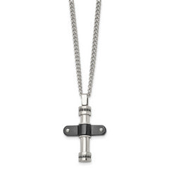 Stainless Steel Polished Black IP-plated w/Black CZ Cross 22in Necklace