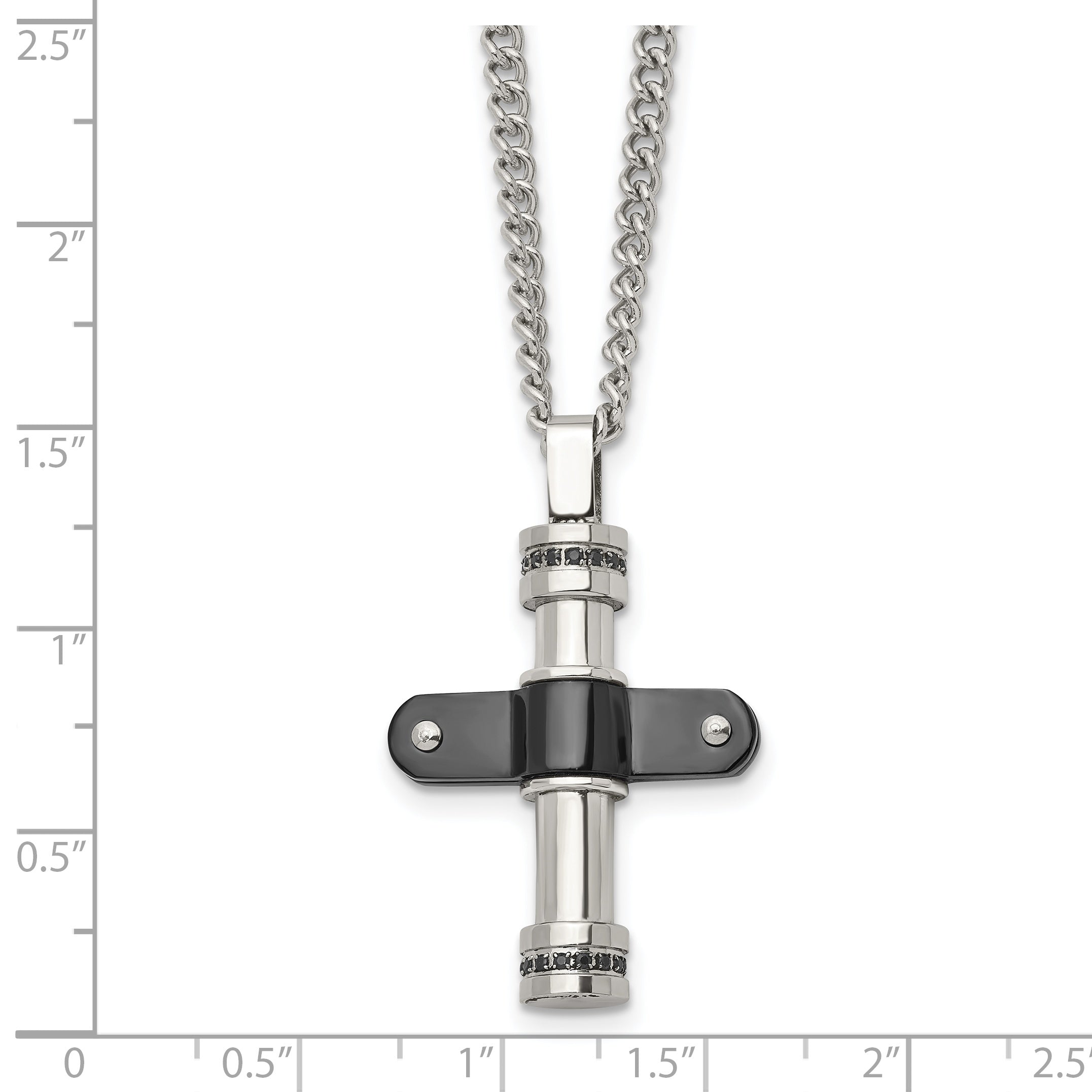 Stainless Steel Polished Black IP-plated w/Black CZ Cross 22in Necklace