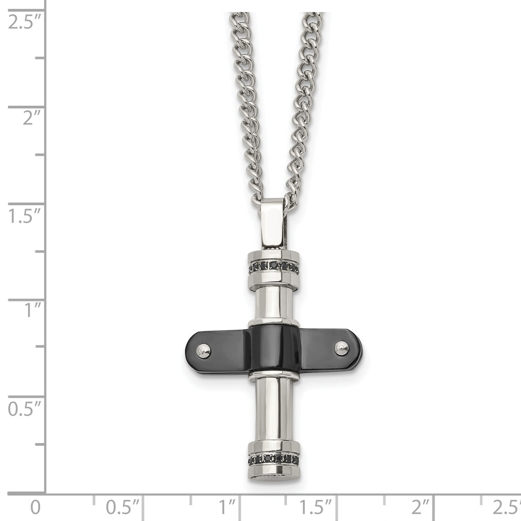Stainless Steel Polished Black IP-plated w/Black CZ Cross 22in Necklace