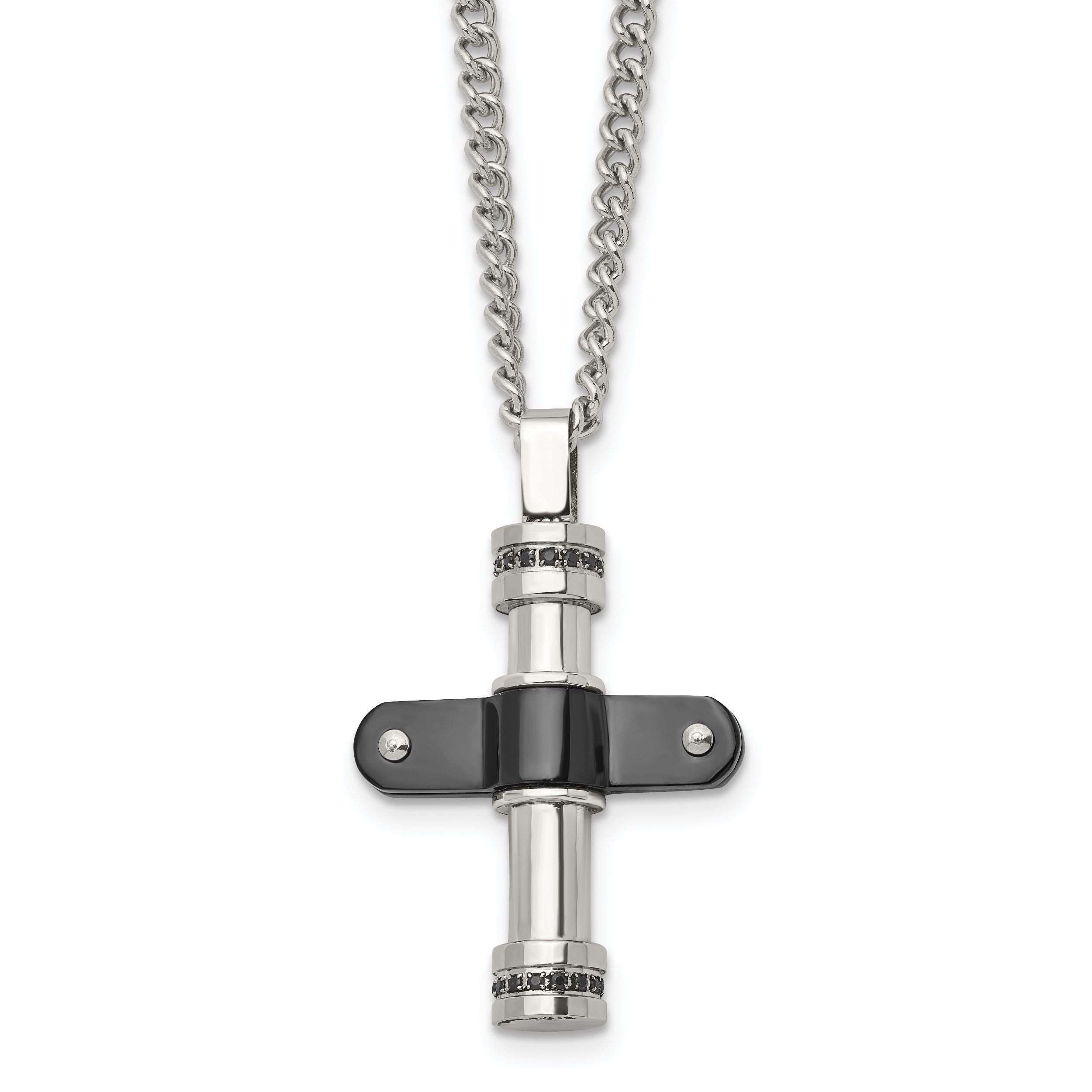 Stainless Steel Polished Black IP-plated w/Black CZ Cross 22in Necklace Main image