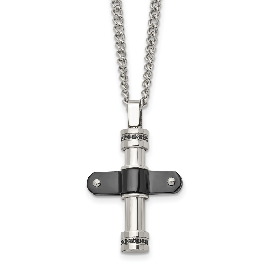 Stainless Steel Polished Black IP-plated w/Black CZ Cross 22in Necklace