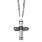 Stainless Steel Polished Black IP-plated w/Black CZ Cross 22in Necklace