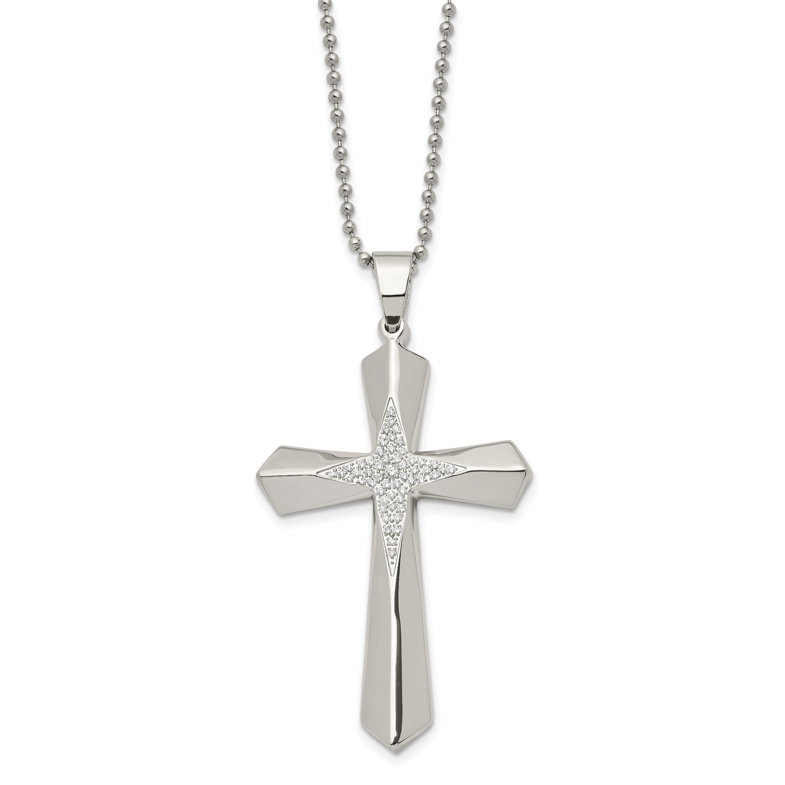 Chisel Stainless Steel Polished with CZ Cross Pendant on a 24.5 inch Ball Chain Necklace Main image