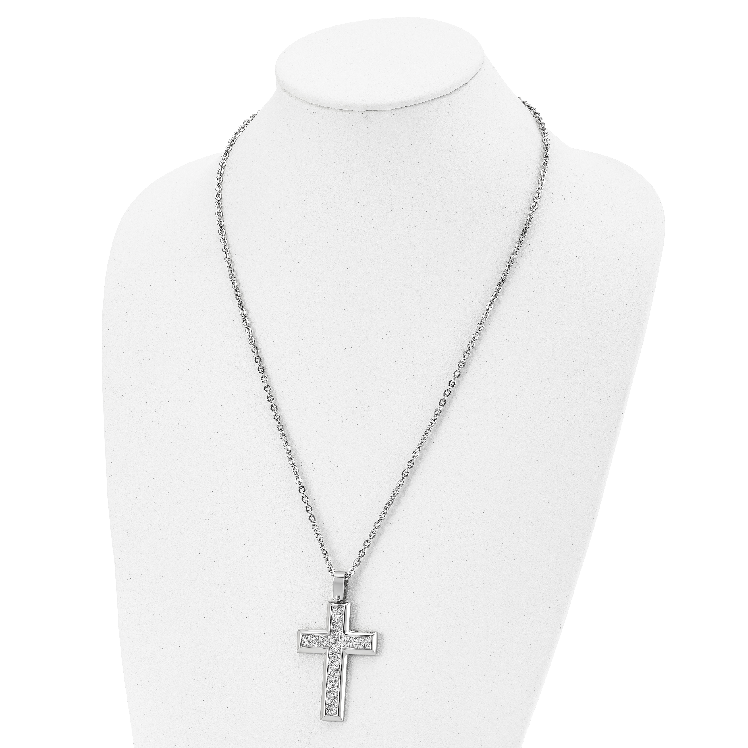 Chisel Stainless Steel Polished CZ Cross Pendant on a 24 inch Cable Chain Necklace