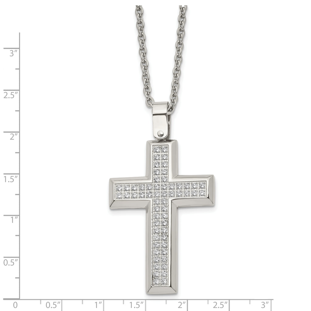 Chisel Stainless Steel Polished CZ Cross Pendant on a 24 inch Cable Chain Necklace