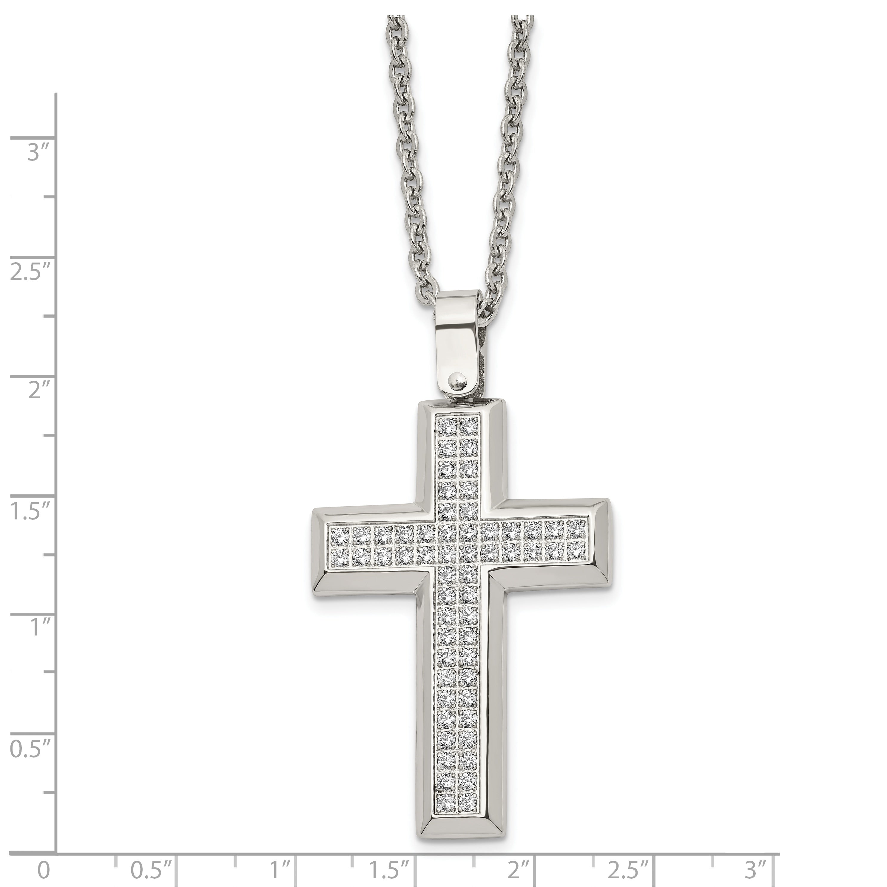 Chisel Stainless Steel Polished CZ Cross Pendant on a 24 inch Cable Chain Necklace