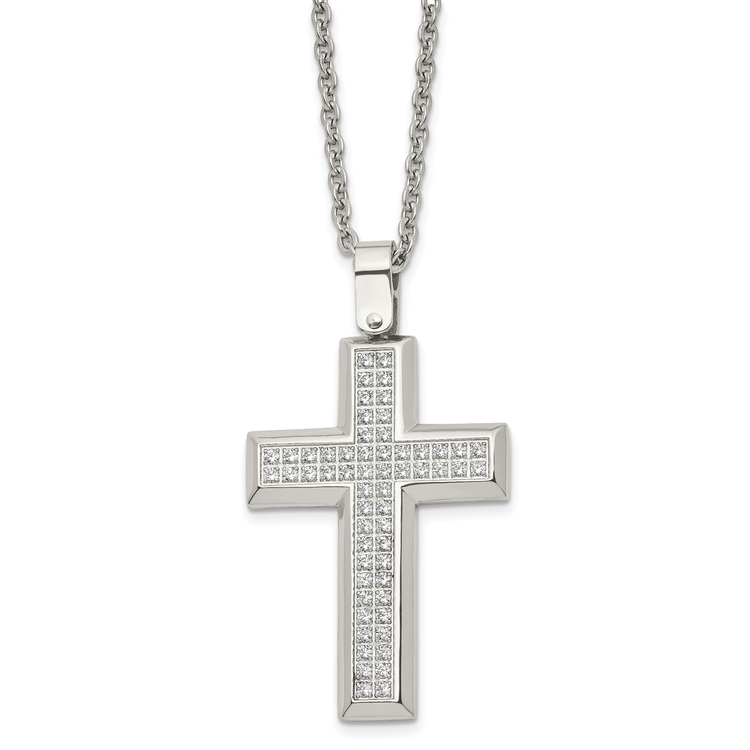 Chisel Stainless Steel Polished CZ Cross Pendant on a 24 inch Cable Chain Necklace Main image