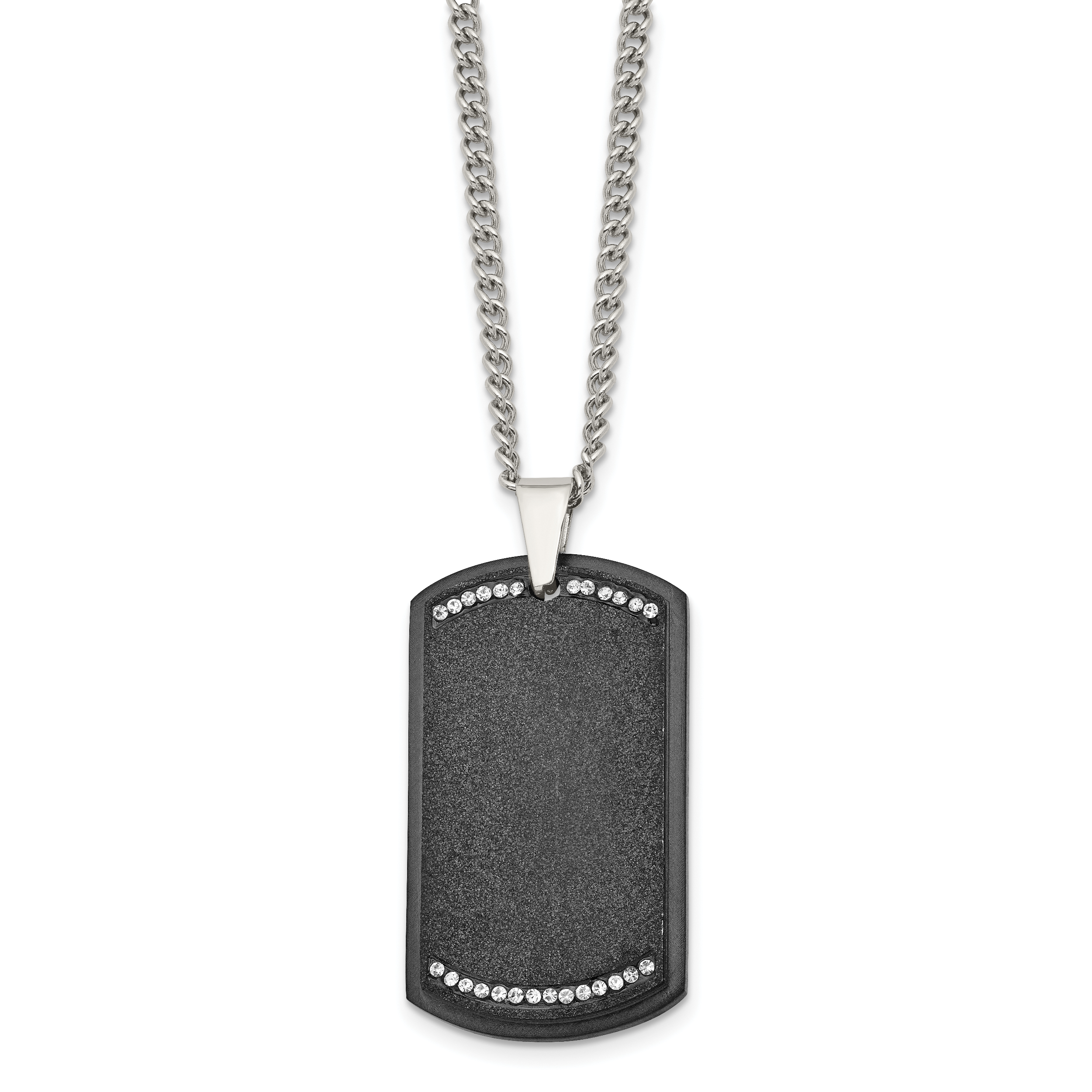 Chisel Stainless Steel Brushed Laser Cut Black IP-plated with CZ Dog Tag on a 24 inch Curb Chain Necklace Main image