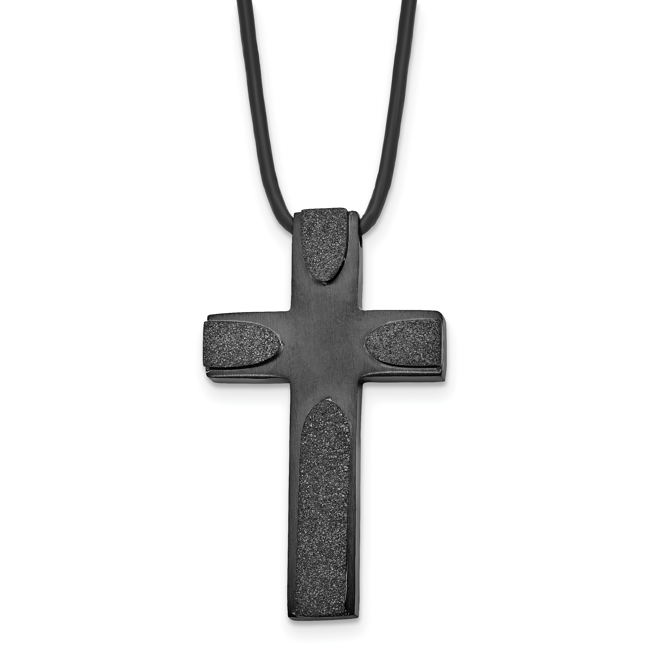 Stainless Steel Brushed LaserCut Blk IP Cross 20in Leather Cord Necklace Main image