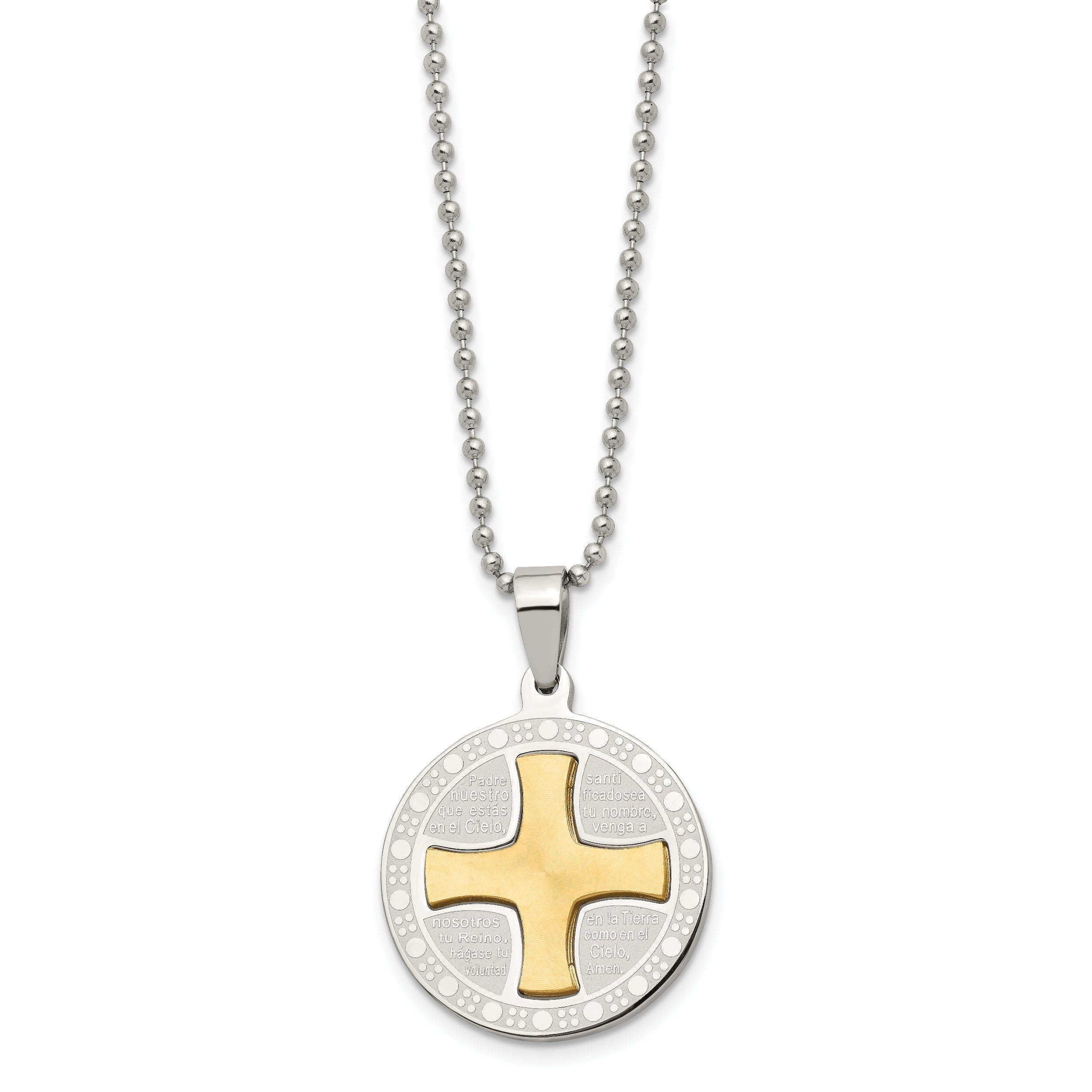 Stainless Steel Brushed/Polished Yellow IP Spanish Lords Prayer Necklace