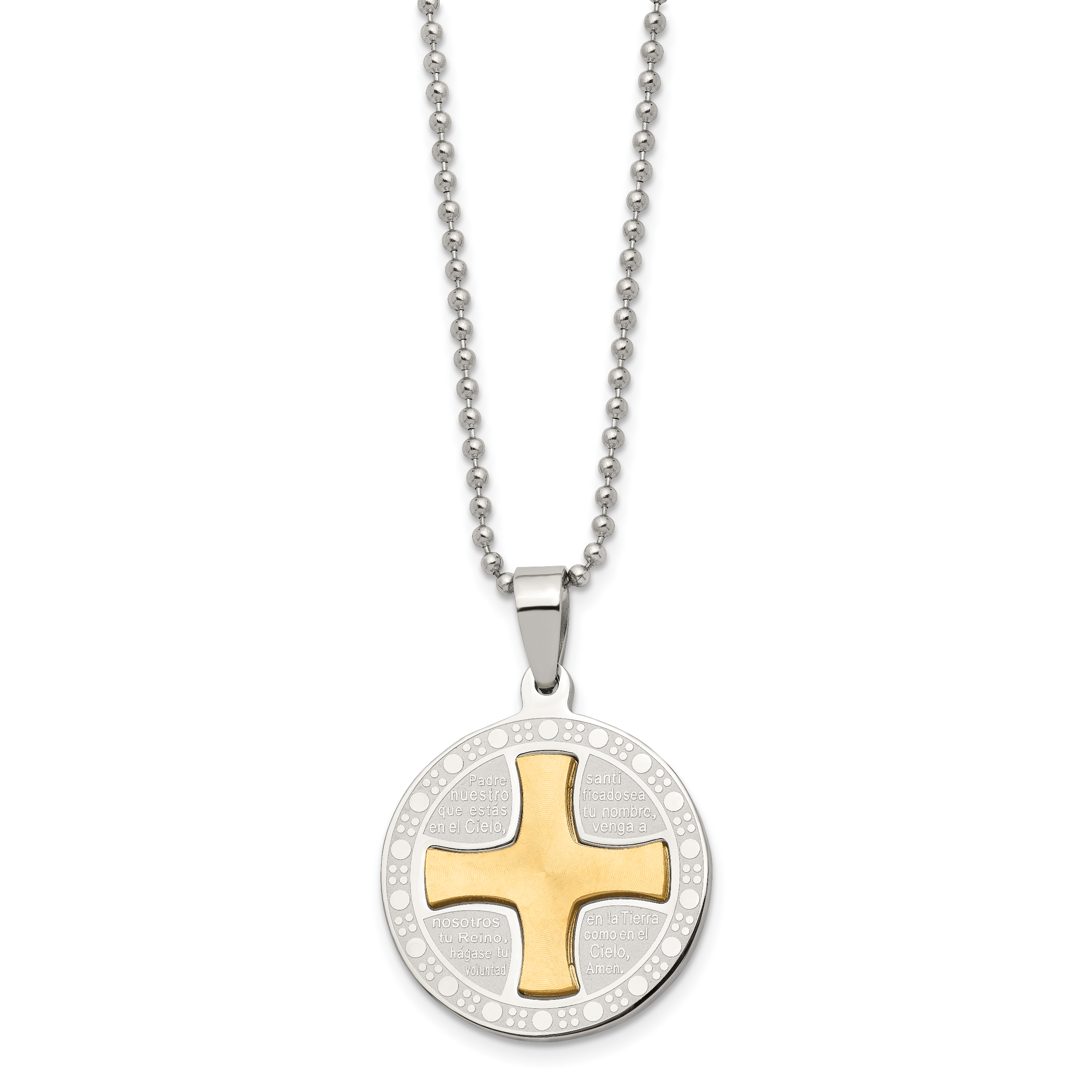 Stainless Steel Brushed/Polished Yellow IP Spanish Lords Prayer Necklace