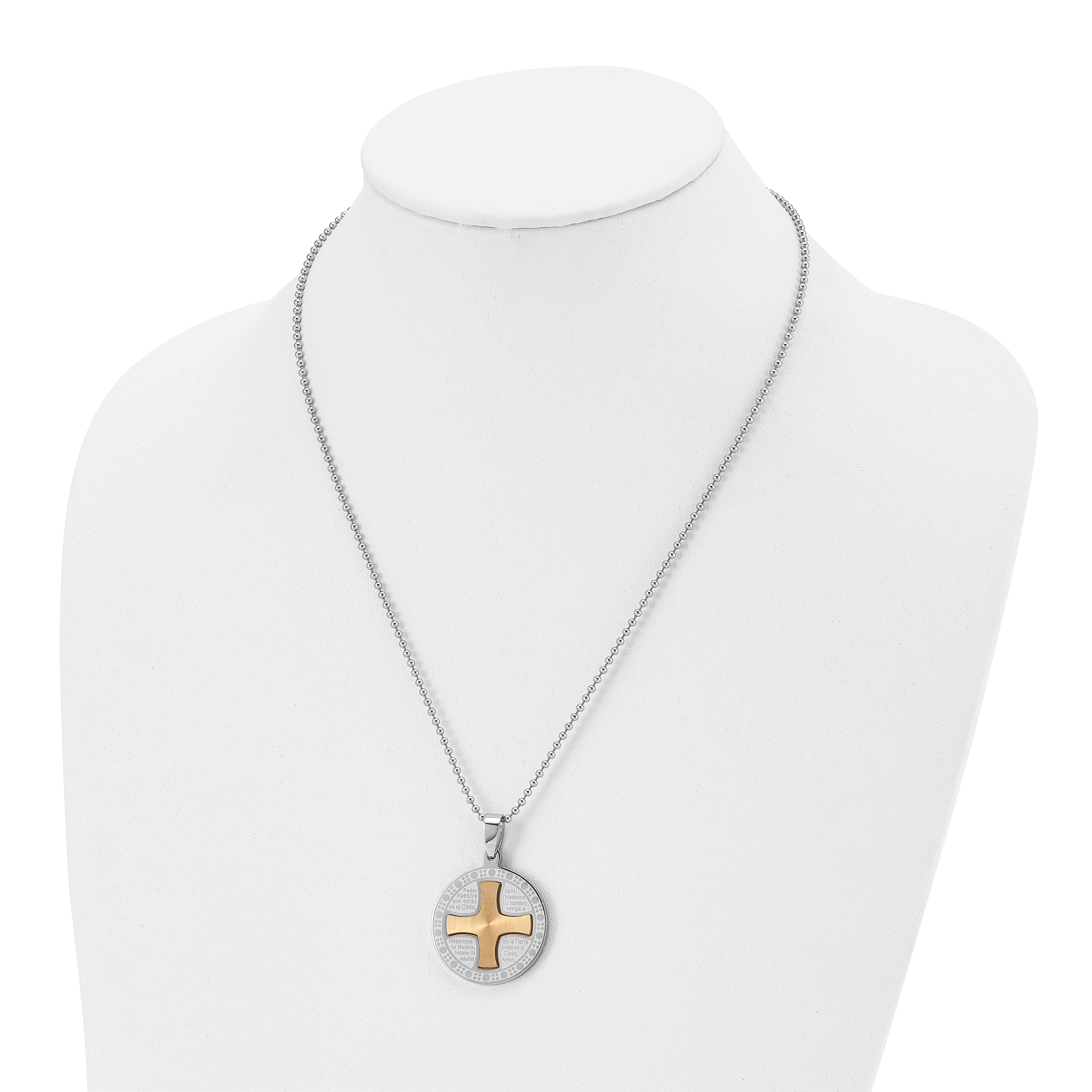 Stainless Steel Brushed/Polished Yellow IP Spanish Lords Prayer Necklace
