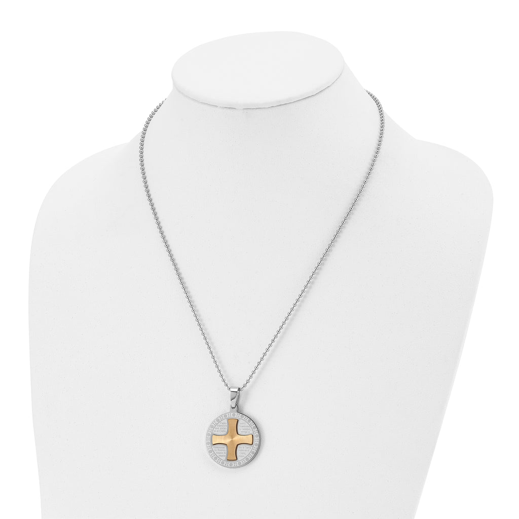 Stainless Steel Brushed/Polished Yellow IP Spanish Lords Prayer Necklace