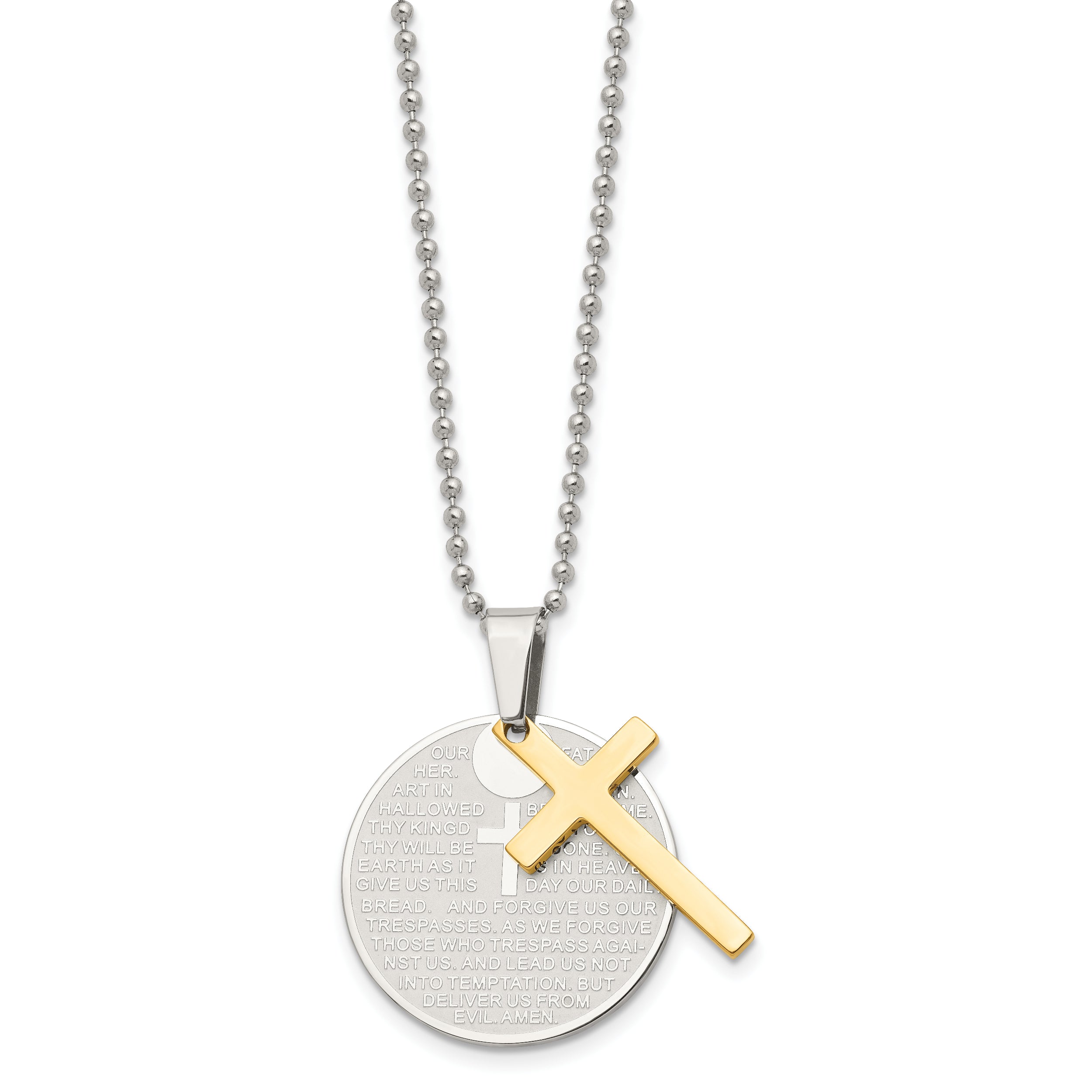 Chisel Stainless Steel Brushedand Polished Yellow IP-plated 2 Piece Lords Prayer Cross on a 20 inch Ball Chain Necklace