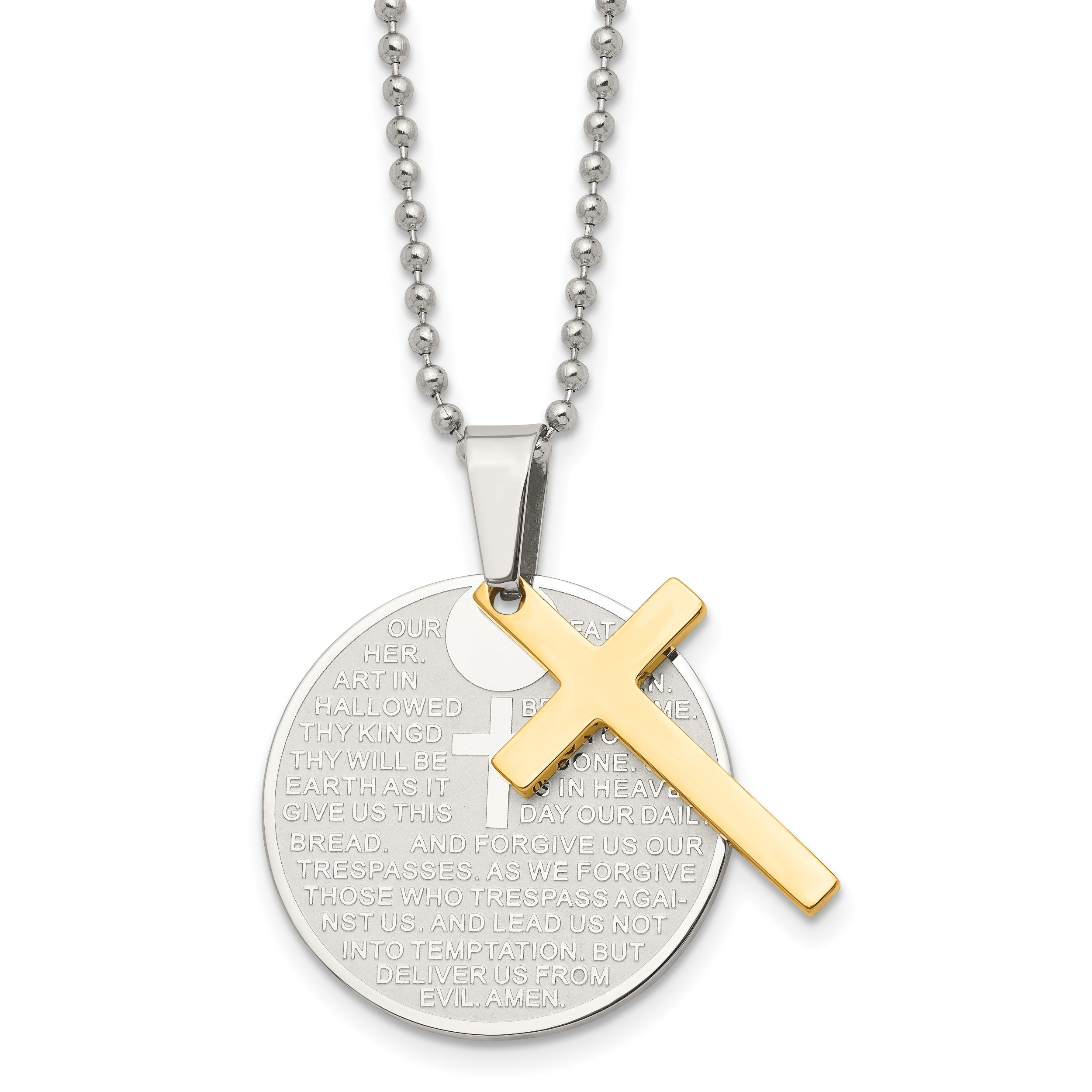 Chisel Stainless Steel Brushedand Polished Yellow IP-plated 2 Piece Lords Prayer Cross on a 20 inch Ball Chain Necklace