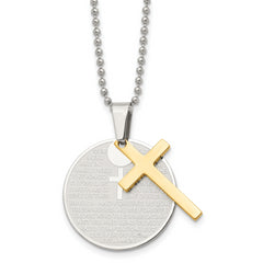 Chisel Stainless Steel Brushedand Polished Yellow IP-plated 2 Piece Lords Prayer Cross on a 20 inch Ball Chain Necklace