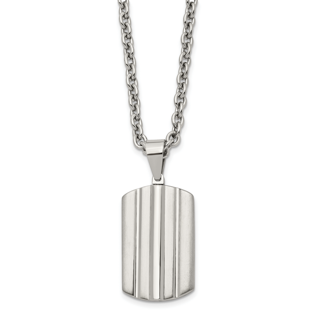 Grooved Dog Tag Necklace in Stainless Steel, 24 in