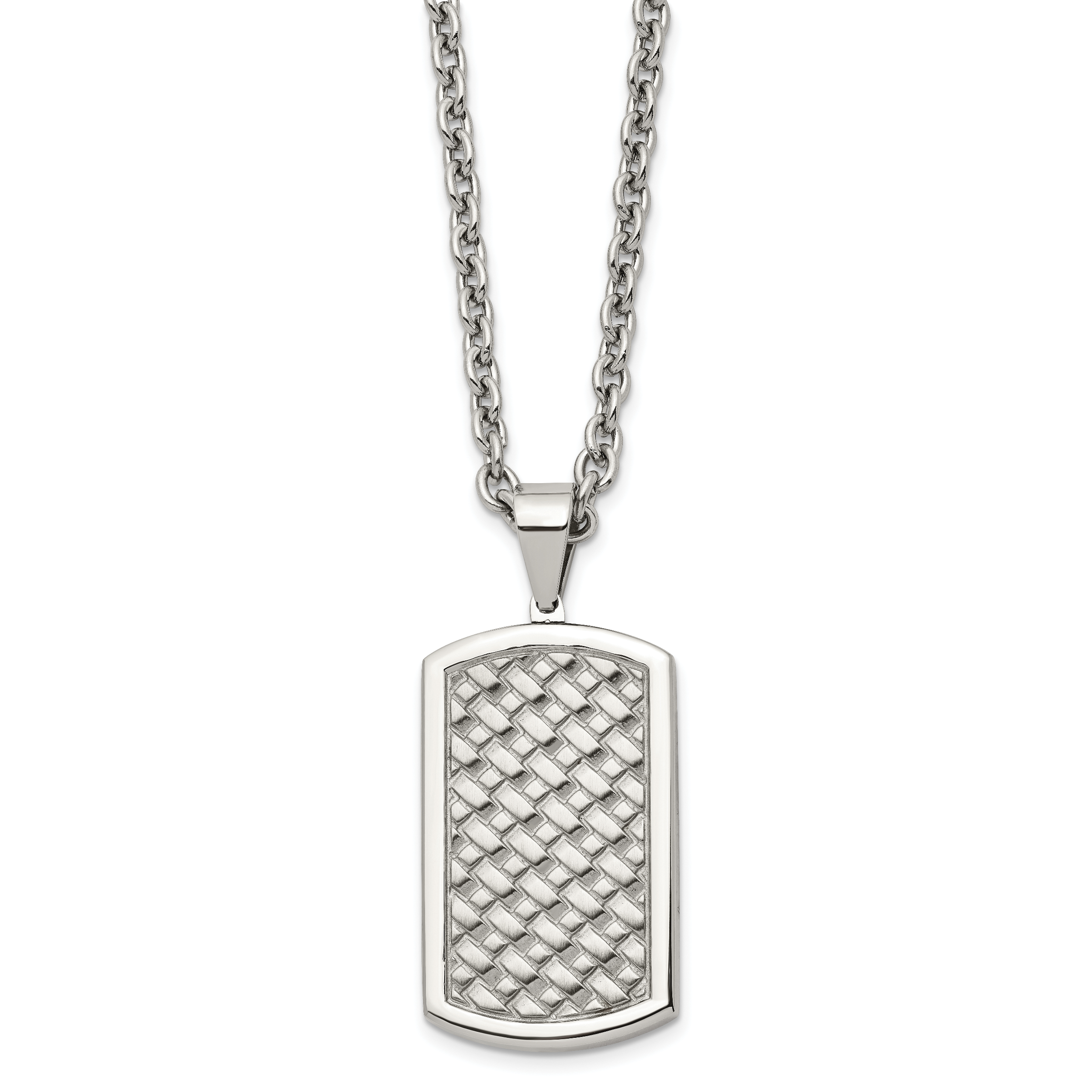 Chisel Stainless Steel Polished Weaved Pattern Dog Tag on a 24 inch Cable Chain Necklace