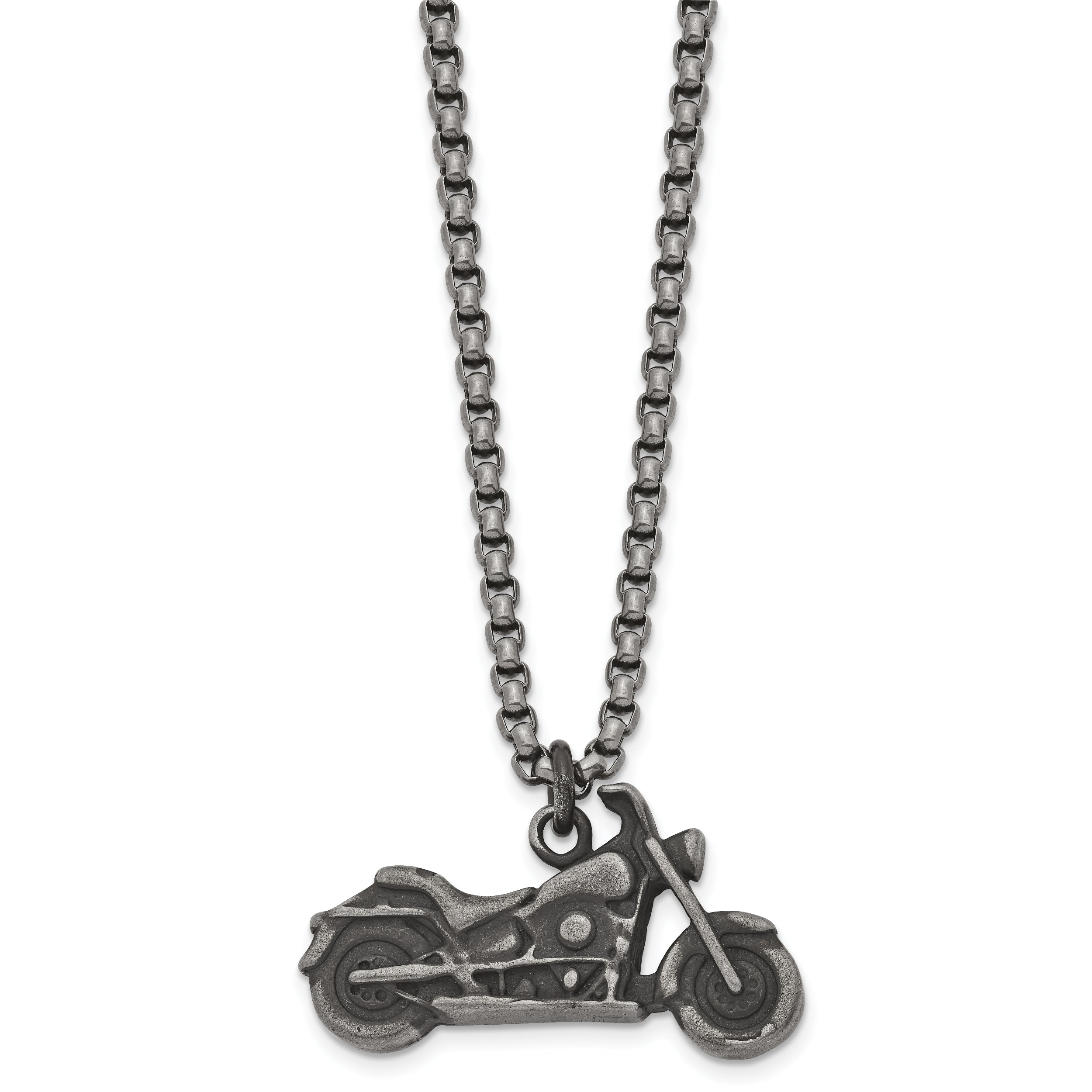 Chisel Stainless Steel Antiqued and Polished Motorcycle Pendant on a 25.5 inch Box Chain Necklace