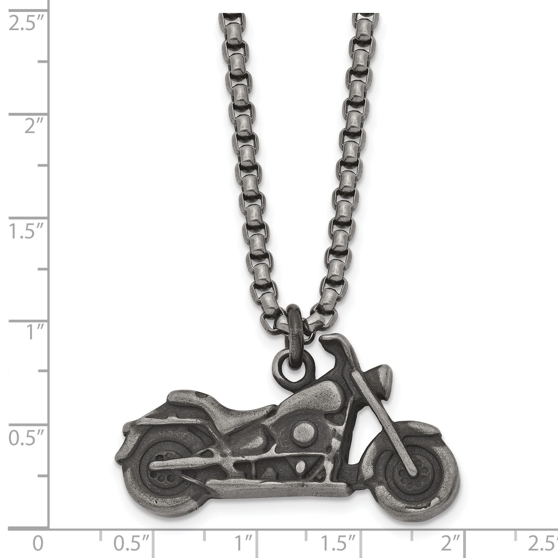 Chisel Stainless Steel Antiqued and Polished Motorcycle Pendant on a 25.5 inch Box Chain Necklace