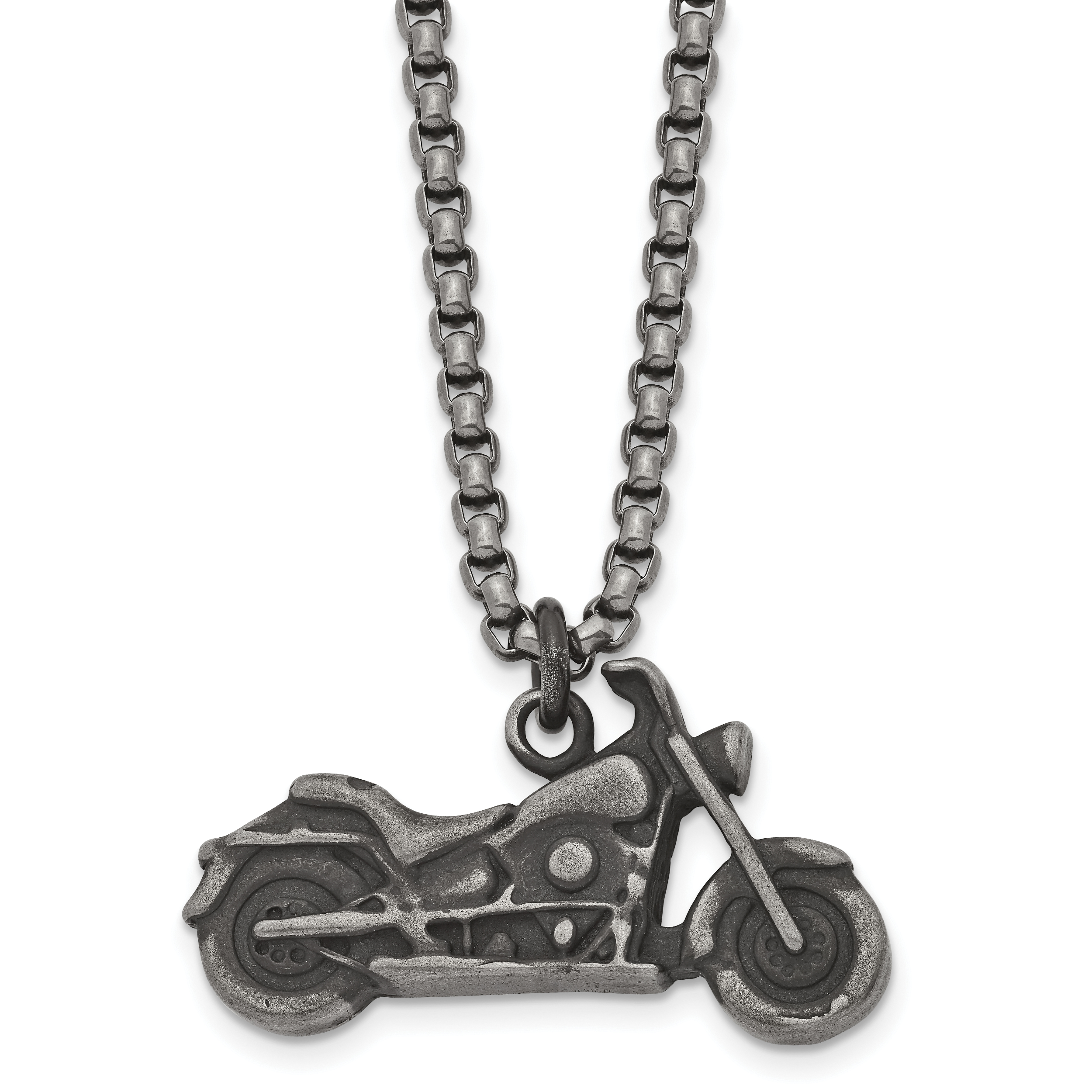 Chisel Stainless Steel Antiqued and Polished Motorcycle Pendant on a 25.5 inch Box Chain Necklace Main image