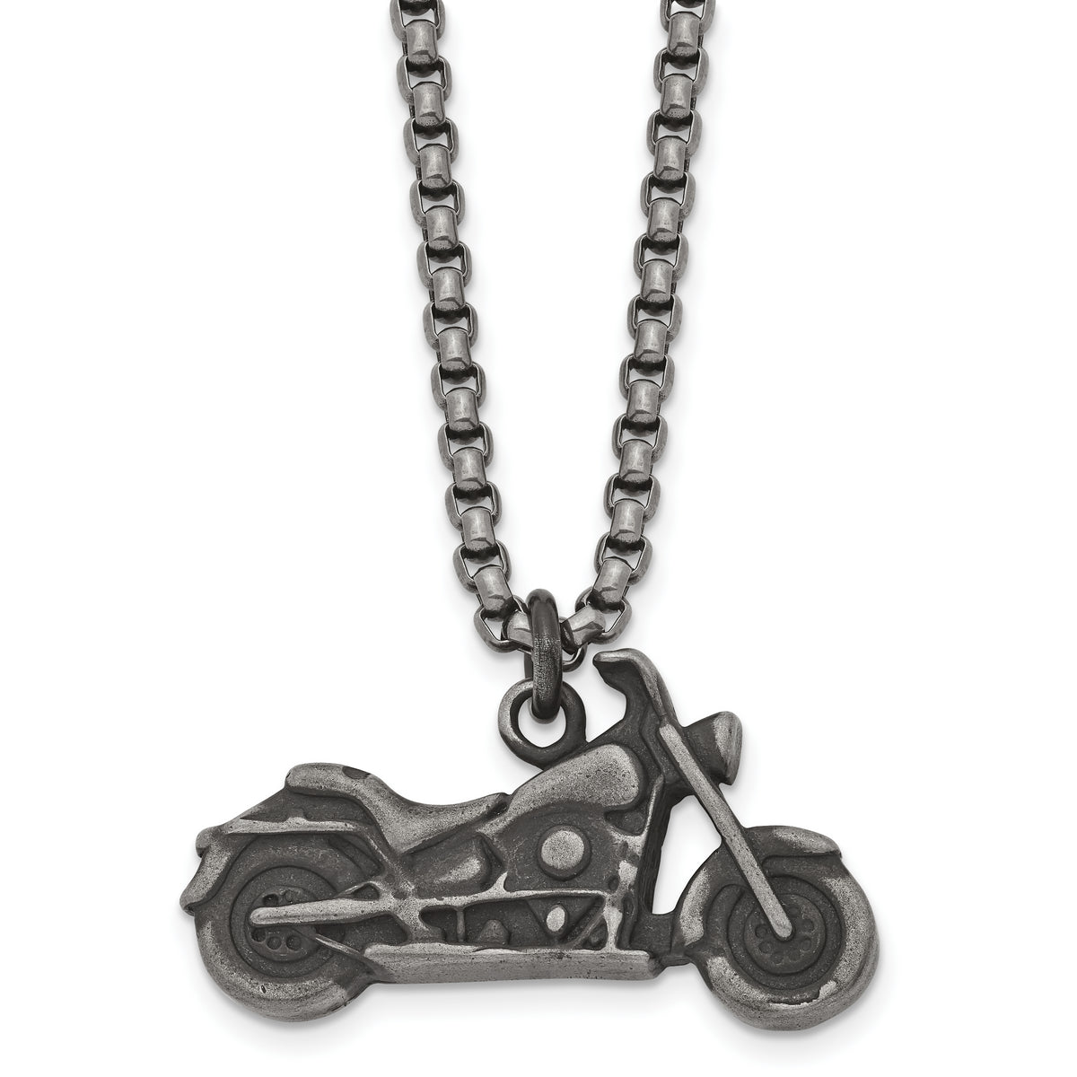 Chisel Stainless Steel Antiqued and Polished Motorcycle Pendant on a 25.5 inch Box Chain Necklace