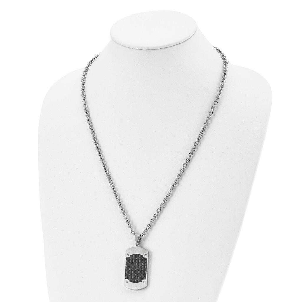 Brushed Dog Tag Necklace in Stainless Steel with Black Leather Inlay