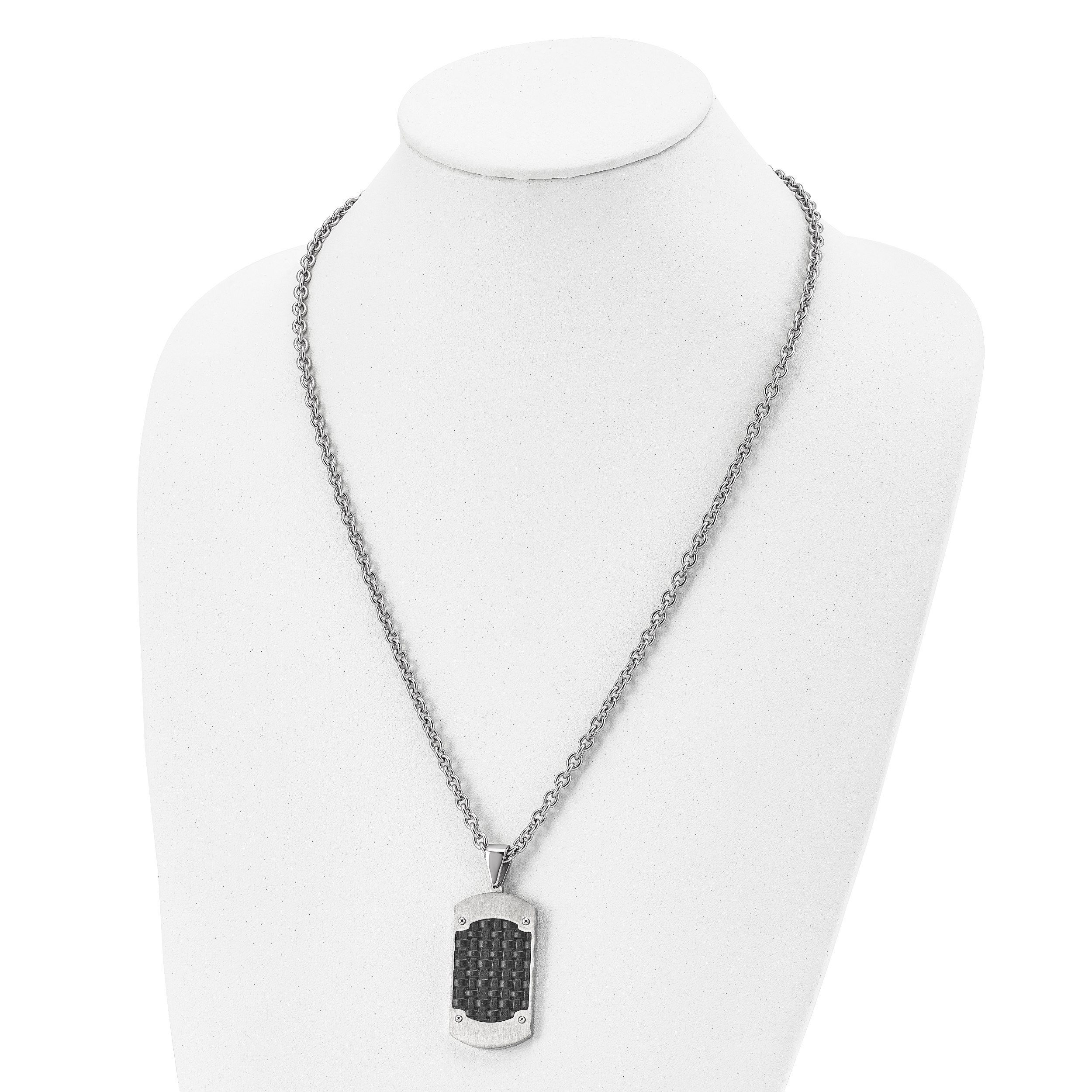 Brushed Dog Tag Necklace in Stainless Steel with Black Leather Inlay