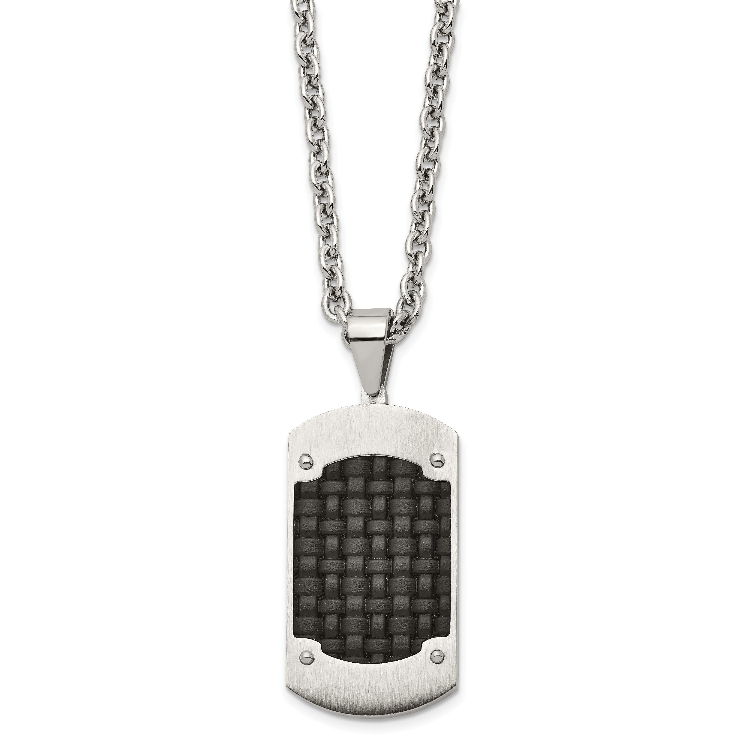 Stainless Steel Brushed w/Black Leather Inlay Dog Tag 24in Necklace Main image