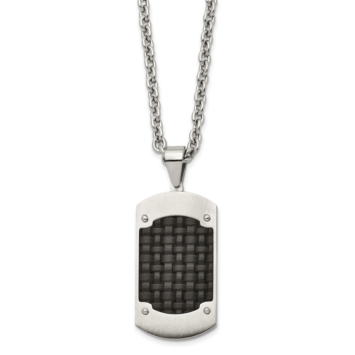 Stainless Steel Brushed w/Black Leather Inlay Dog Tag 24in Necklace