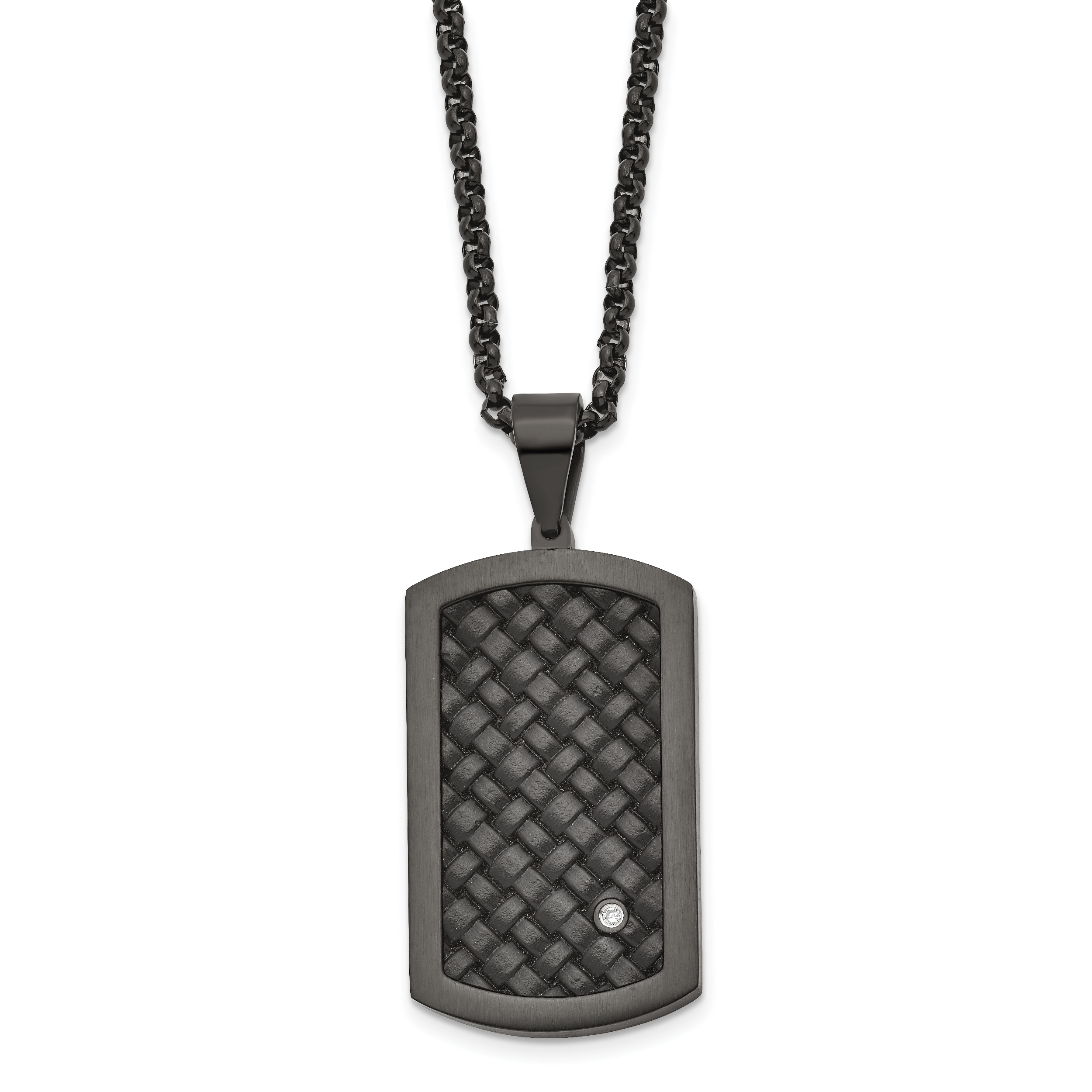Stainless Steel Brushed Black IP w/Black Leather & CZ Dog Tag Necklace Main image