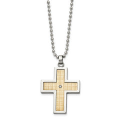 Chisel Stainless Steel Polished with 18k Gold Accent .02 carat Diamond Cross Pendant on a 24 inch Ball Chain Necklace