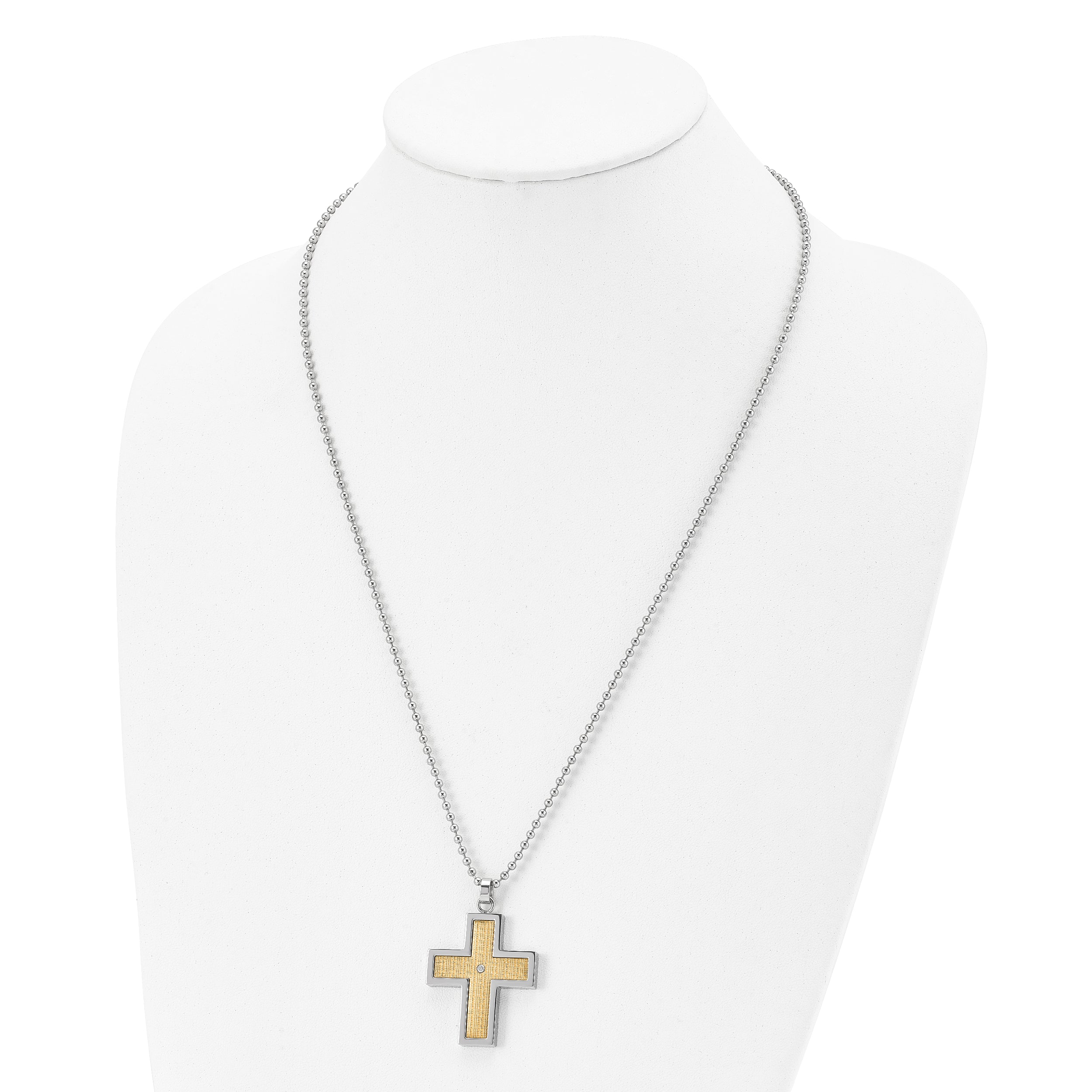 Chisel Stainless Steel Polished with 18k Gold Accent .02 carat Diamond Cross Pendant on a 24 inch Ball Chain Necklace